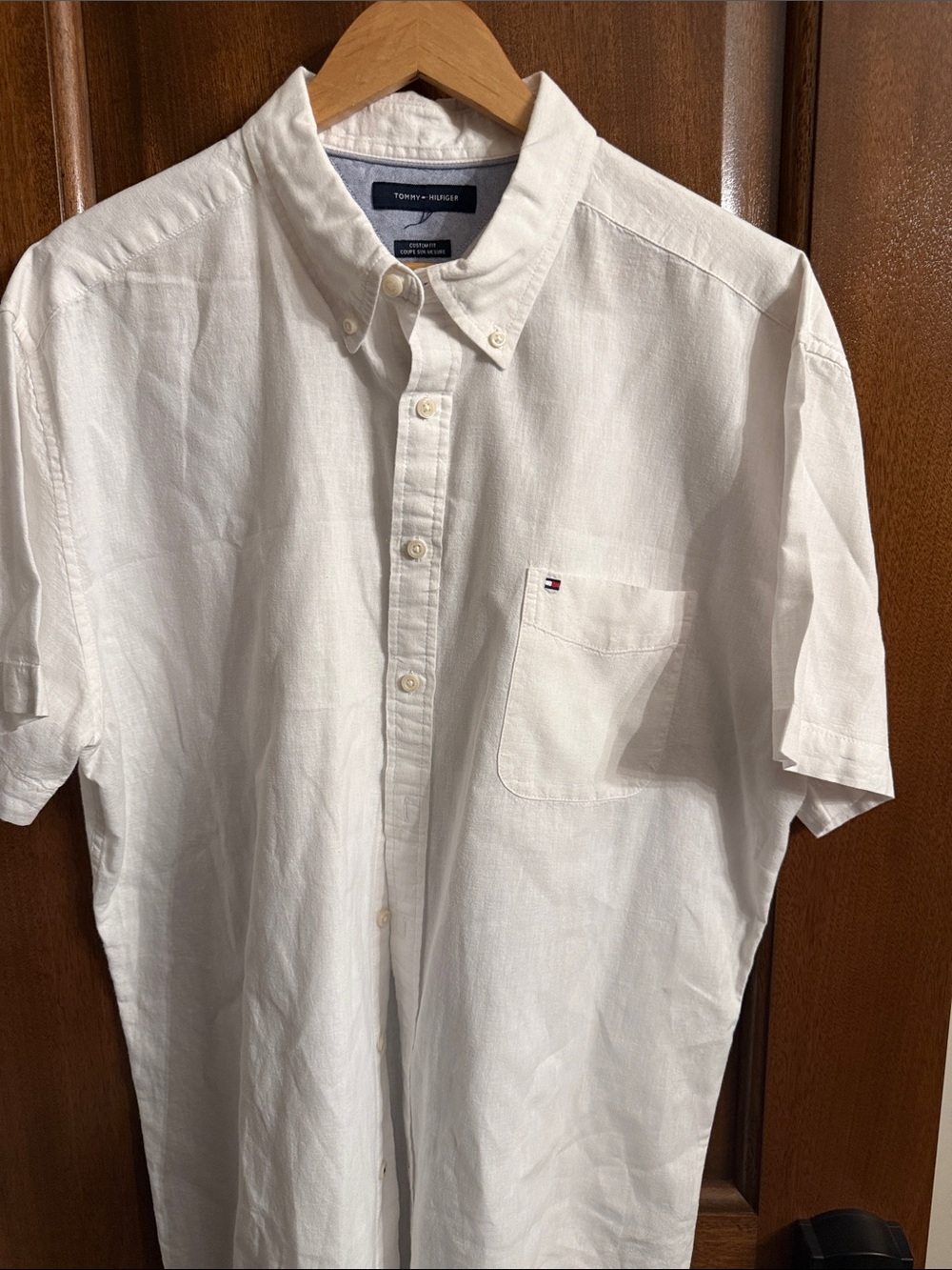 Tommy Hilfiger White Short-Sleeve Button-Down Pocket Shirt, linen and cotton